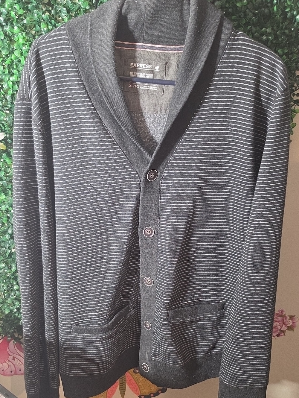 Express Men's Charcoal Gray Striped Shawl Collar Cardigan